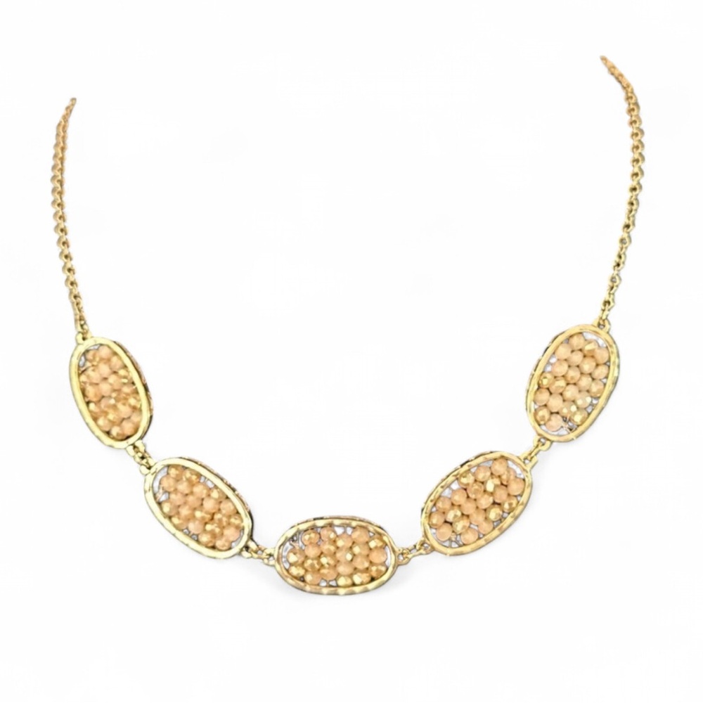 Bead Filled Oval 16” Fashion Necklace Goldtone Pink/Cream Beads NWT